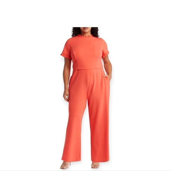Maggy London Ruffle neck jumpsuit cayenne‎ coral Size 22W - Picture 1 of 14